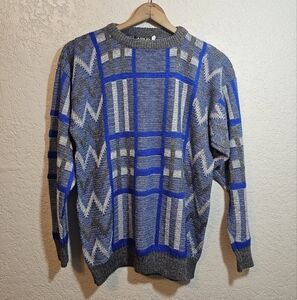 Vintage Ashley Knit Blue Plaid Grandpa Sweater